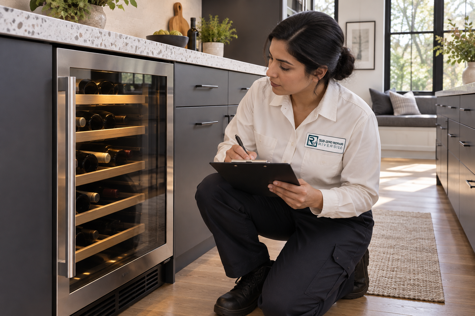 Fictional technician beside a Monogram wine cooler — AI illustration for Sub-Zero Repair Riverside