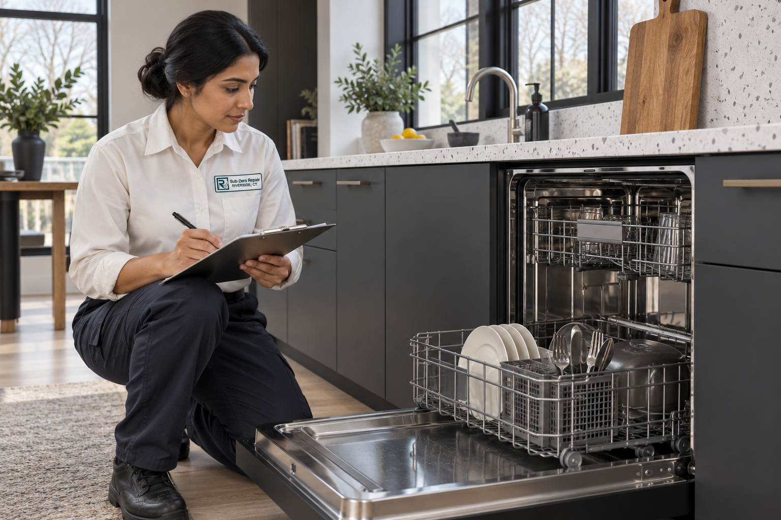 Fictional technician beside a Monogram dishwasher — AI illustration for Sub-Zero Repair Riverside
