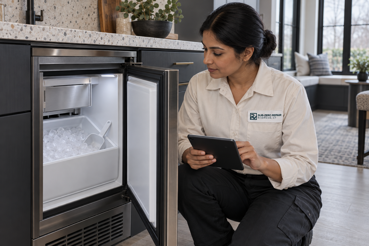 Fictional technician beside a Monogram ice maker — AI illustration for Sub-Zero Repair Riverside