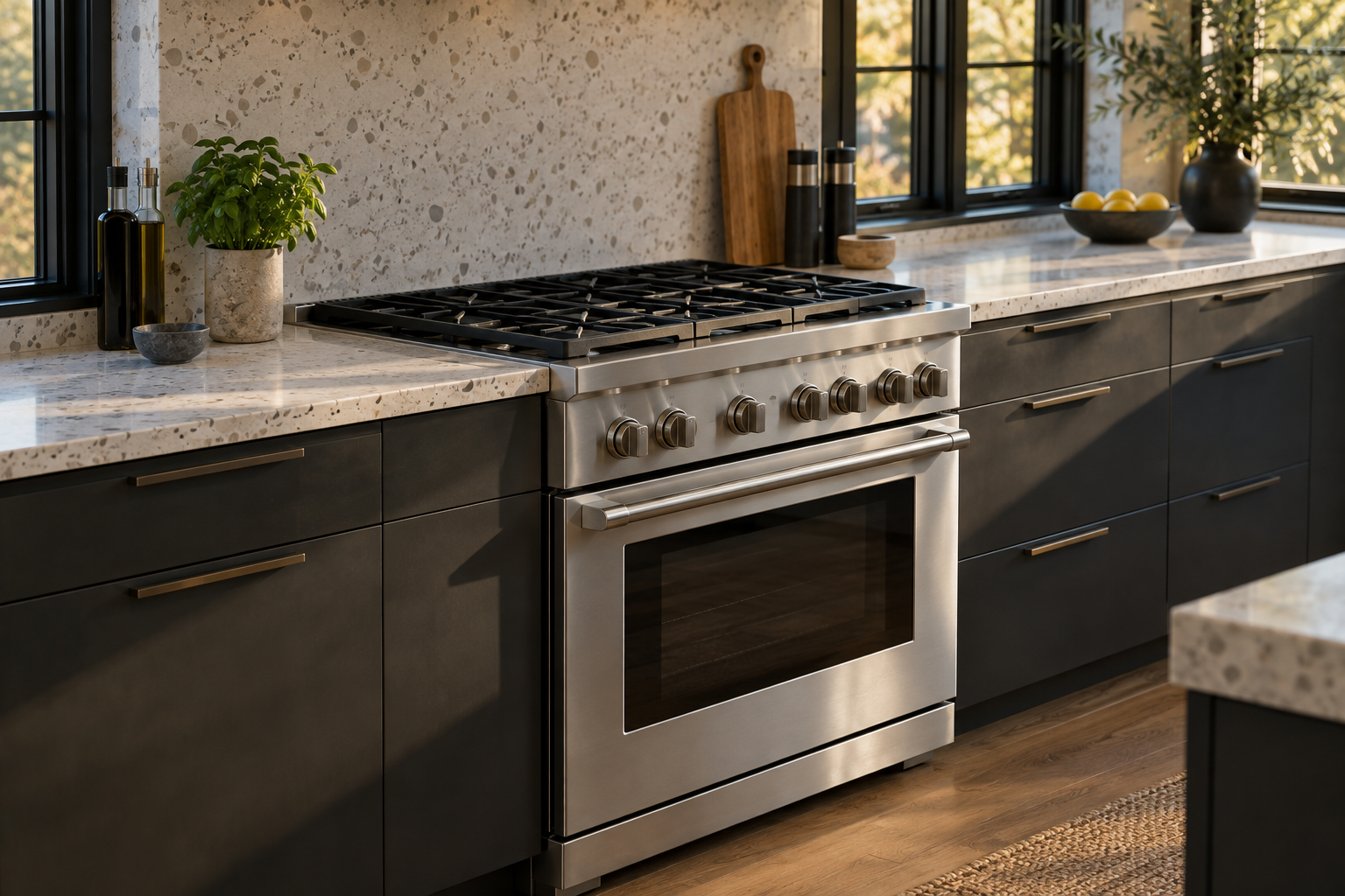 Illustrative Monogram range in a residential kitchen — AI image for Sub-Zero Repair Riverside