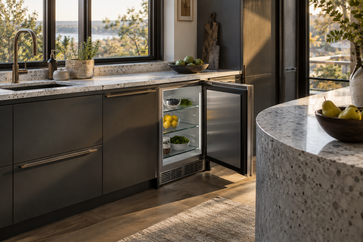 Illustrative Sub-Zero undercounter refrigerator in a residential kitchen — AI image for Sub-Zero Repair Riverside