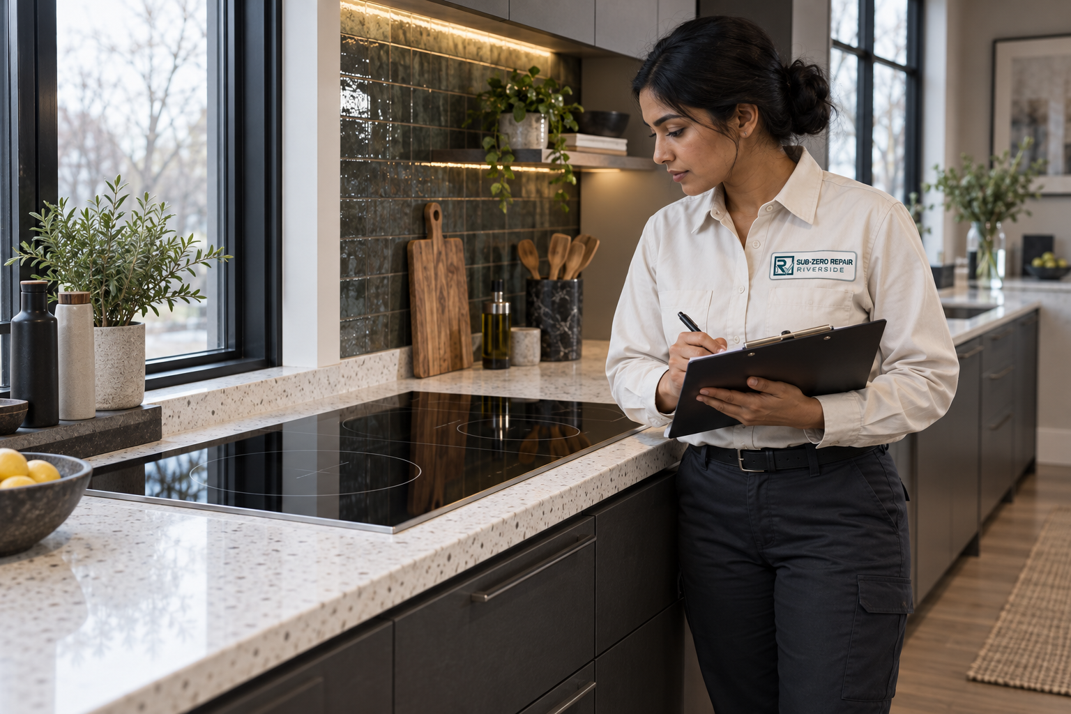 Fictional technician beside a Wolf cooktop — AI illustration for Sub-Zero Repair Riverside